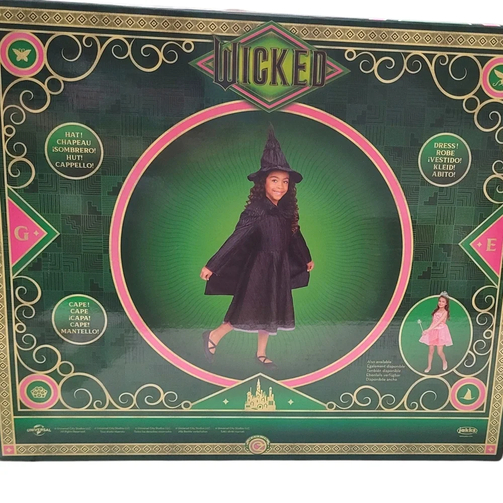 NEW Wicked Deluxe Elphaba Dress Up Set 4-6X Black Witch Costume Dress Cape Hat